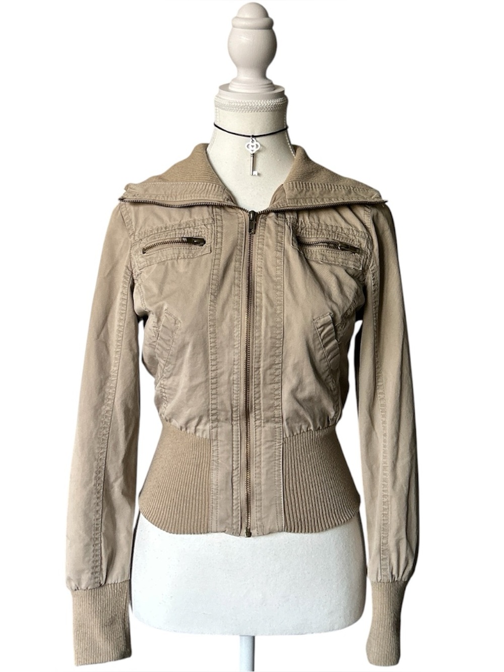 Y2K Grunge “U2B” Basic Beige Cargo Style Zip-up Bomber Jacket
